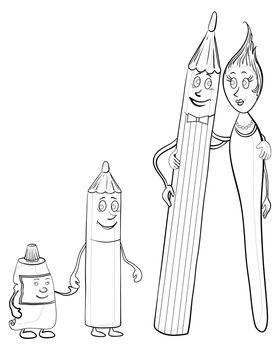 Cartoon, stationery family: pencils, brush, tube of paint, contours