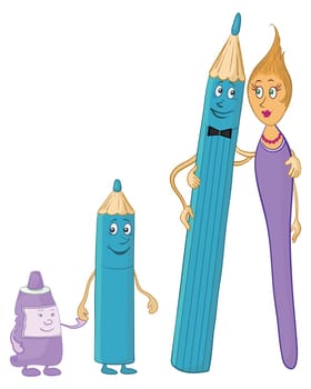 Cartoon, stationery family: pencils, brush, tube of paint