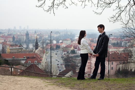 beautiful young love couple in city Prague