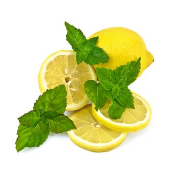 One whole, half and two slices of lemon with the three sprigs of green mint  isolated on white background