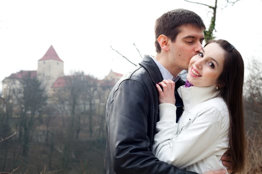 beautiful young love couple in city Prague