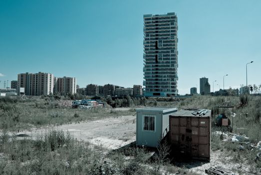 building under construction in Milan zone, Italy, monochrome