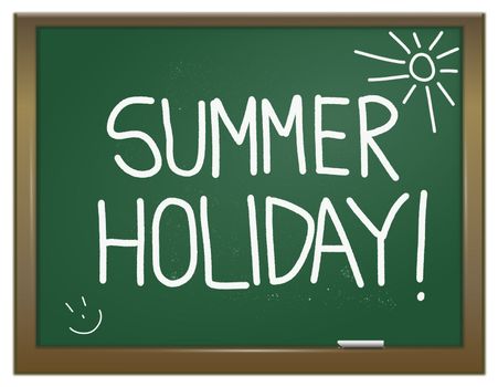 Illustration depicting a green chalk board with the words 'summer holiday' written on it in white chalk.