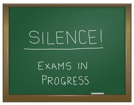 Illustration depicting a green chalk board with the words 'silence exam in progress' written on it in white chalk.