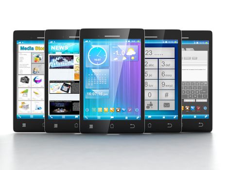 Mobile applications. Group of mobile phones are frontally on a white background