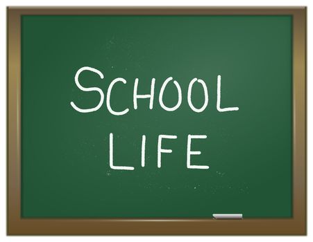 Illustration depicting a green chalk board with the words 'school life' written on it in white chalk.