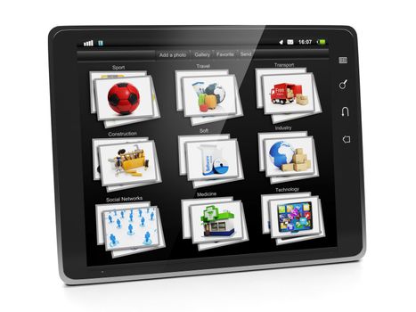 Tablet PC with a gallery of images. Tablet closeup view gallery photo on a white background