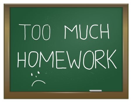 Illustration depicting a green chalk board with the words 'too much homework' written on it in white chalk.