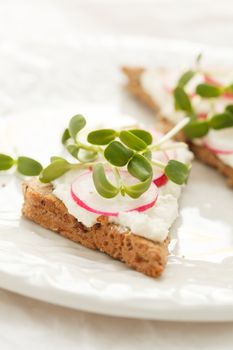  sandwiches with radish and sunflower sprouts
