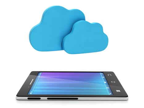 Mobile technology. Mobile phone and a group of clouds, upload content via the Internet, cloud computing