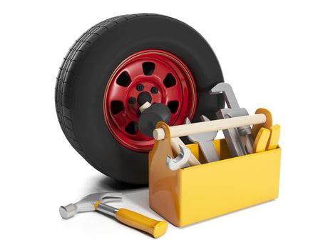 3d illustration: Repair cars. Replacement and repair of automobile wheels