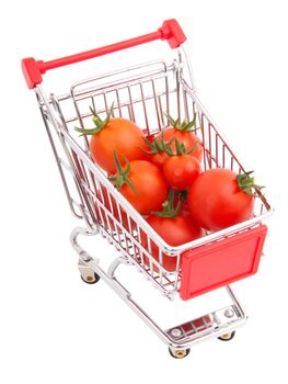 a Shopping cart full of tomatoes on a white background 
