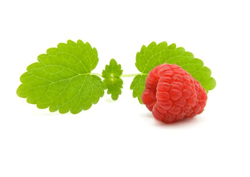 raspberry with green leaves on white background 