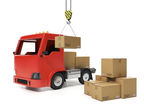 3d illustration: Freight. Group of cardboard boxes and a truck