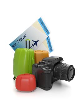 3d illustration of Travel and Leisure. Group suitcases and a camera