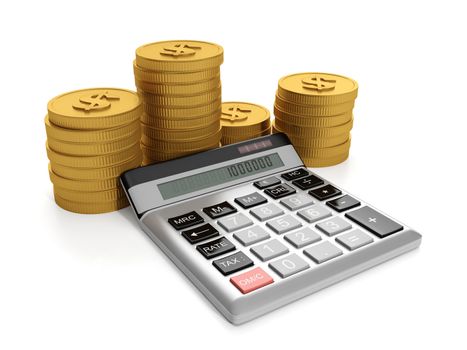 3d illustration, business ideas. Calculator and a group of gold coins