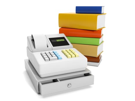 3d illustration: cash register. Sale and purchase of books. book Group