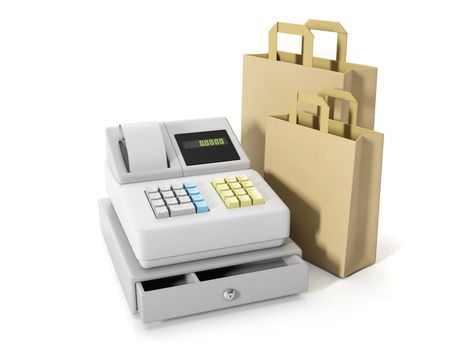 3d illustration: Storage and Commercial. Sales of goods, cash register and paper shopping bags