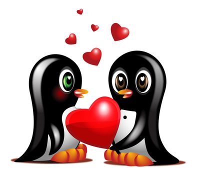 illustration of couple cute penguins with red hearts