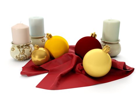 3d illustration: New Year's holiday. Candles and a group of Christmas balls
