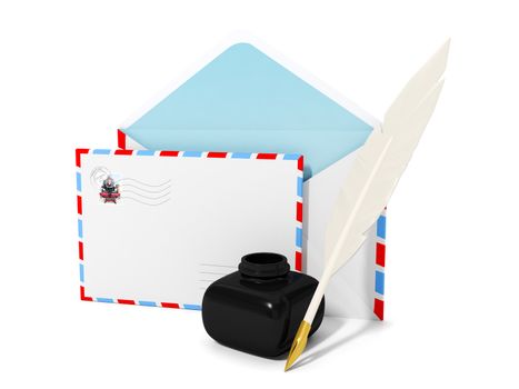 Illustration of a pen with ink and a group of letters. Writing and sending messages