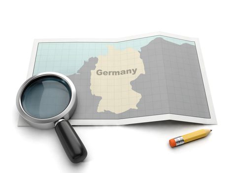Sign search map of Germany. Magnifier and card close up on white background