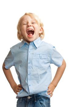 Isolated portrait of a cute young boy screaming
