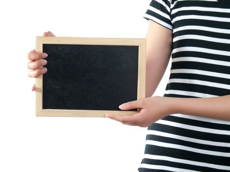 girl Holding Blank Chalkboard Isolated on a White Background. 