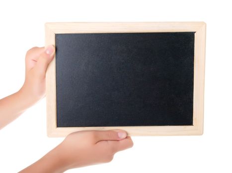 girl Holding Blank Chalkboard Isolated on a White Background.