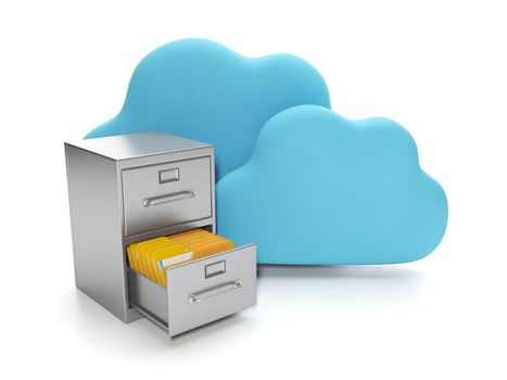 Cloud computing, data storage on servers. Box with documents and a group of clouds