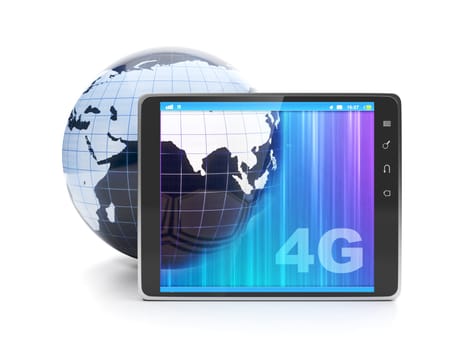 High speed internet 4g. Tablet PC and the model of the earth on a white background