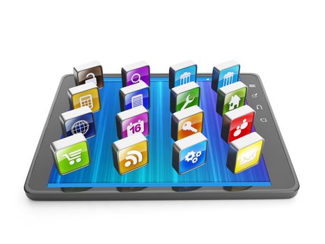 Creating mobile applications for mobile technology. Tablet computer and group of mobile icon