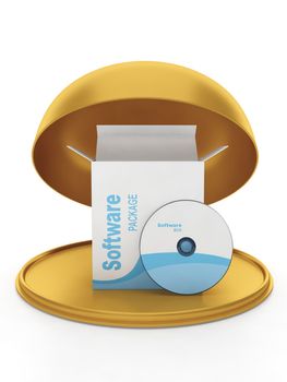 Box with the licensed program on a gold platter. Gift licensed software