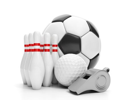 Group sports subject. Soccer ball, golf ball, bowling and a whistle