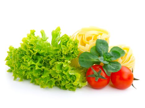 fresh salad, lettuce leaves, macaroni and tomato  isolated on white background