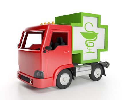 3d illustration: Truck and medicine. Delivery of medical supplies