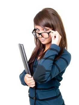 Young beautiful businesswoman wearing glasses. Isolated over white. 