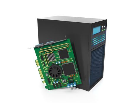 3d illustration of computer technologies. Station and server chips, server repair station