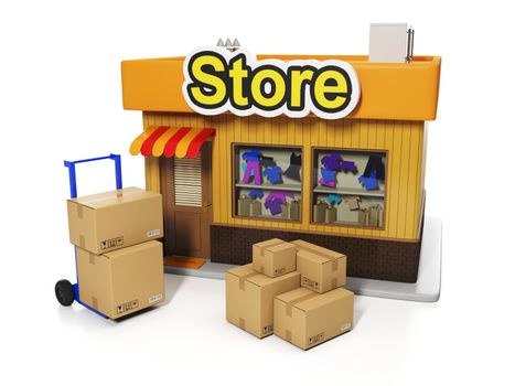 3d illustration: Sale and purchase. Delivery of goods to the store, shop and a group of boxes on a white background