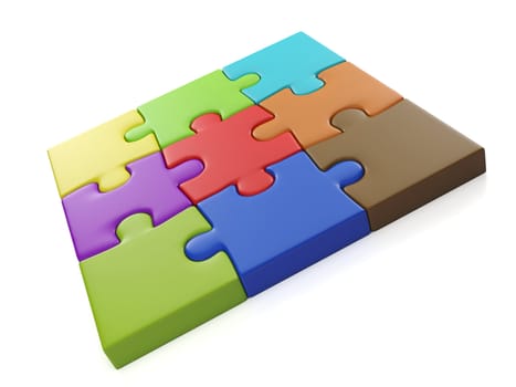 3d illustration: A group of puzzles. Square of colored parts