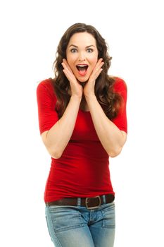 Isolated potrait of a beautiful surprised woman wearing a bright red top.