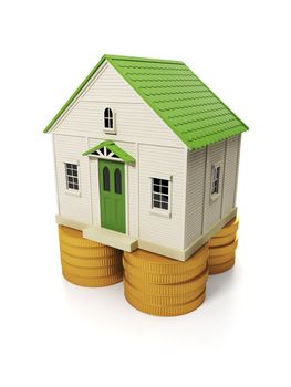 3d illustration: the purchase of a property sale. The house stands on a group of coins