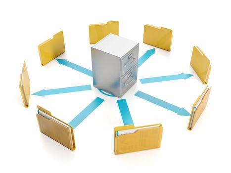 3d illustration, document storage. Storage boxes and folders to group round