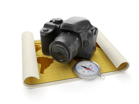 3d illustration: Travel and leisure tourism. The camera and a map with a compass