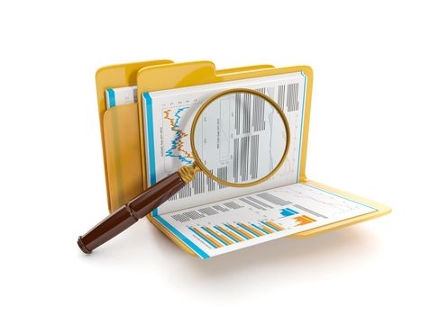 3d illustration: Finding a document file. Folder and a magnifying glass