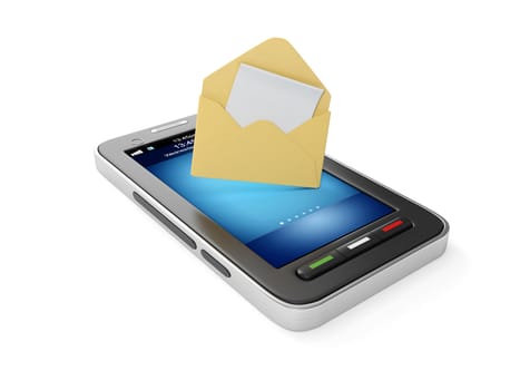 3d illustration: Mobile phone and an envelope with a letter. Mobile Mail