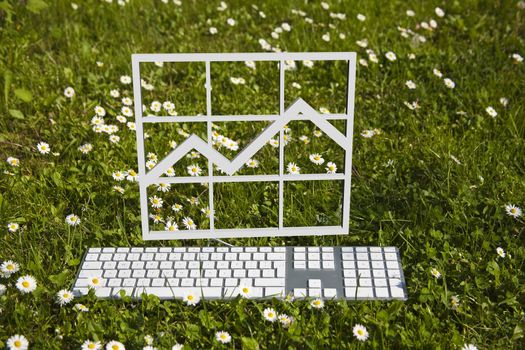 Finance chart diagram and modern keyboard on green grass in garden