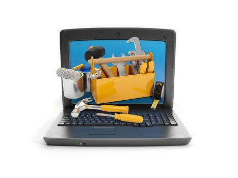 3d illustration: Laptop and a group of instruments. technical support
