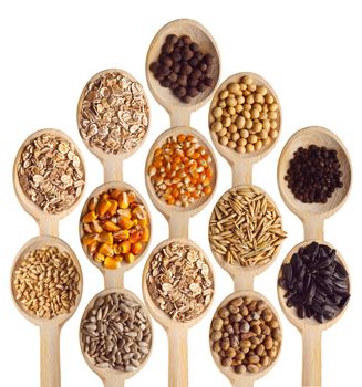 Different type of seeds on wooden spoon