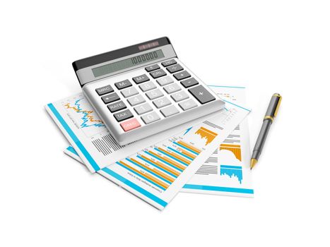 3d illustration: calculator, pen and papers. Accounting analysis of statistics